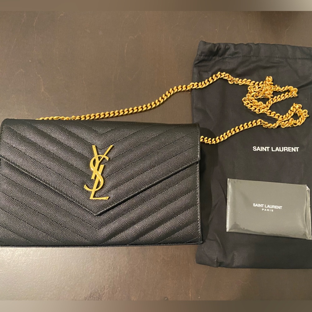 Authentic YSL Monogram Quilted Leather Chain Wallet